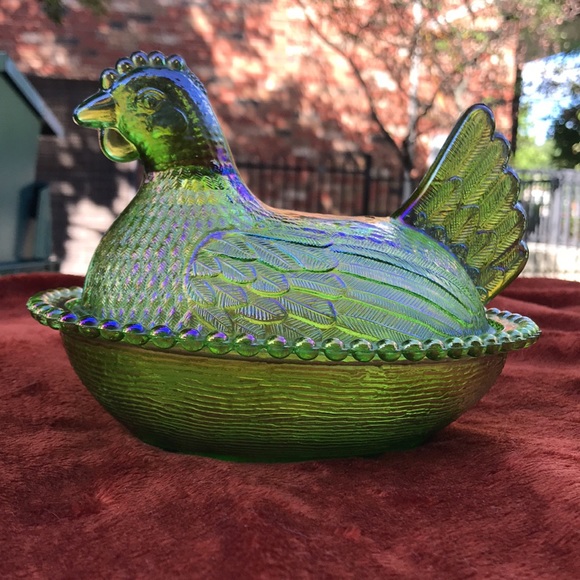 Indiana Glass Other - Rare Collectors Item!Indiana Glass Green Kaleidoscope Iridescent Hen Dish w/Lid